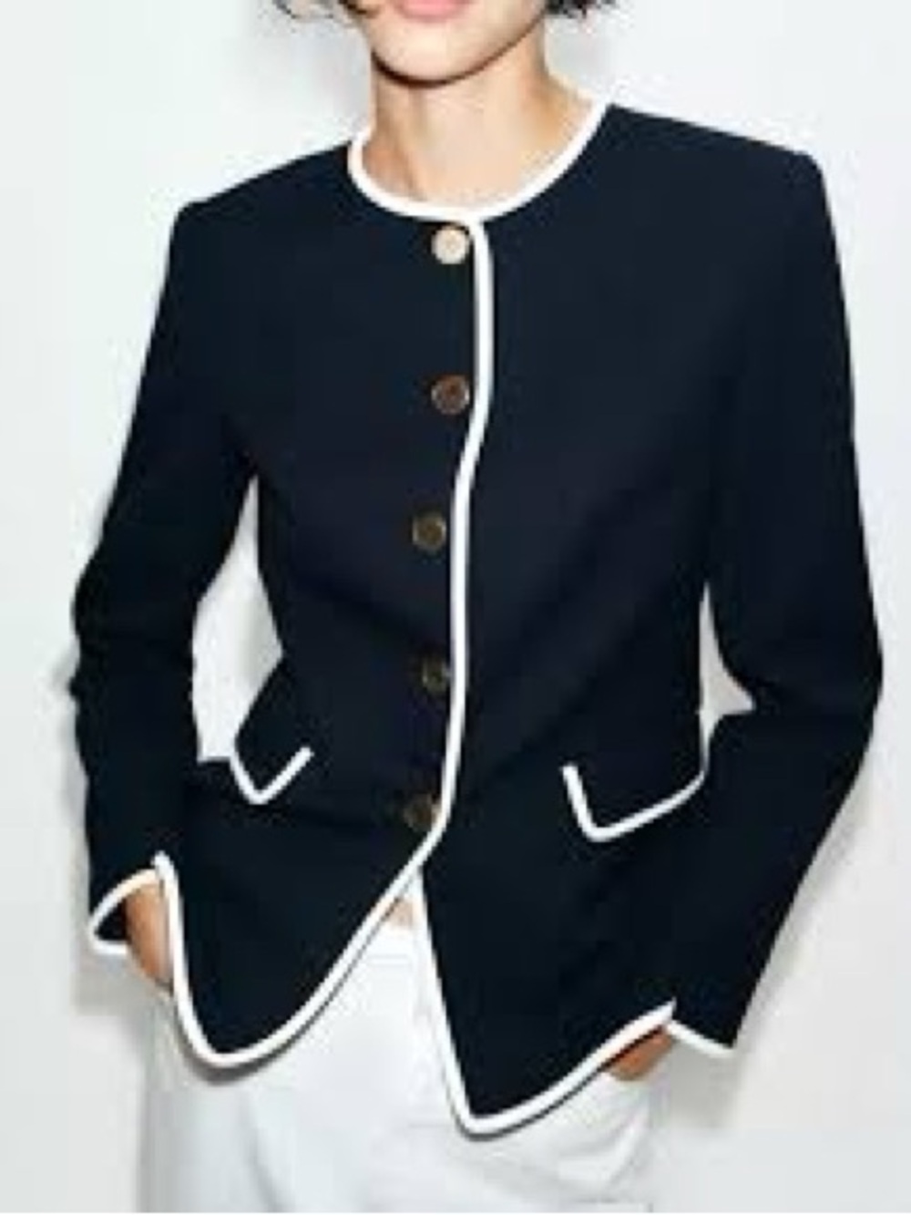 Zara Sz M Navy White Trim Quiet Luxury Old Money Gold Button Blazer